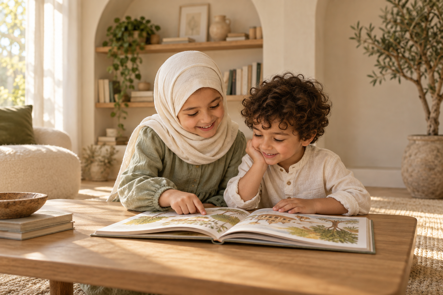 Two children sharing a joyful moment reading together in a sunlit home